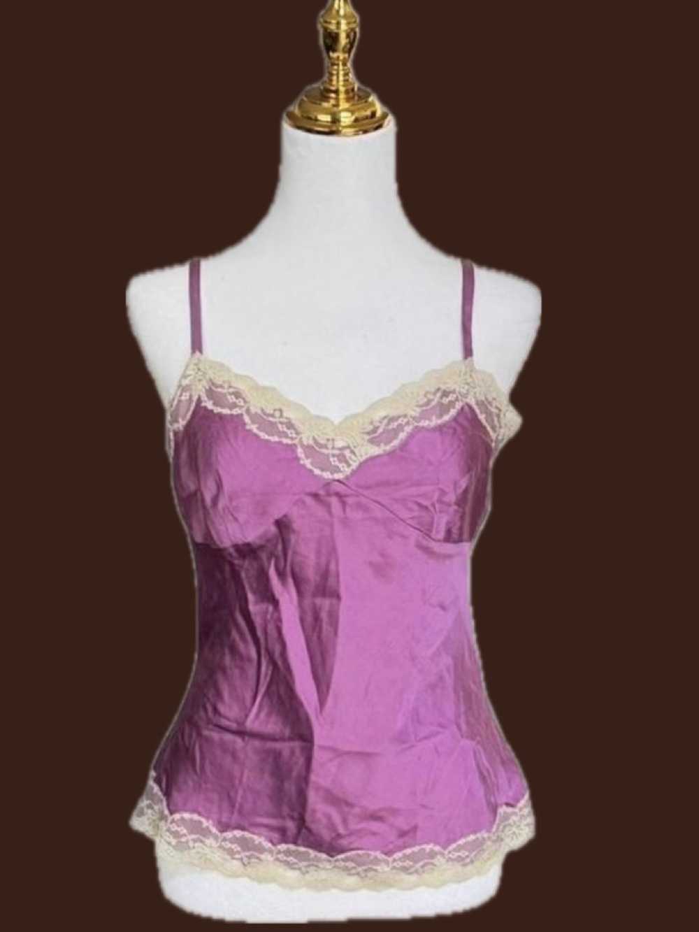 Express Design Studio | Vintage Y2K Mauve Satin Camisole with Cream Lace Trim